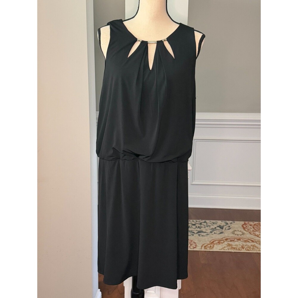 White House Black Market Sleeveless Black Blouson Dress Metallic Hardware Sz XL